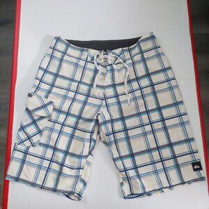 Quicksilver board short white blue checkered men's size M